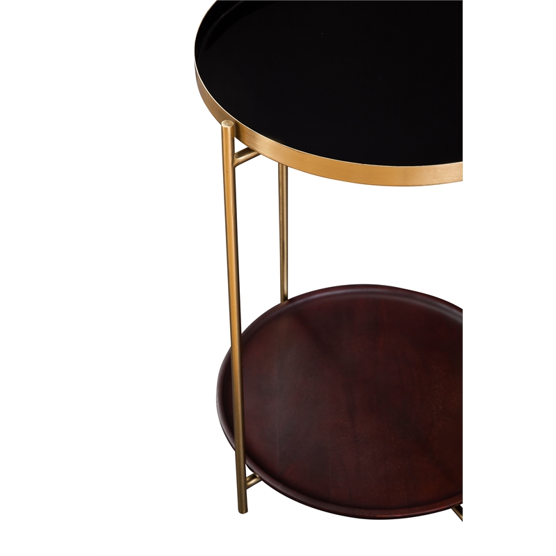 Stevie Round Enameled Black Metal and Wood Tray Top End Table with Storage