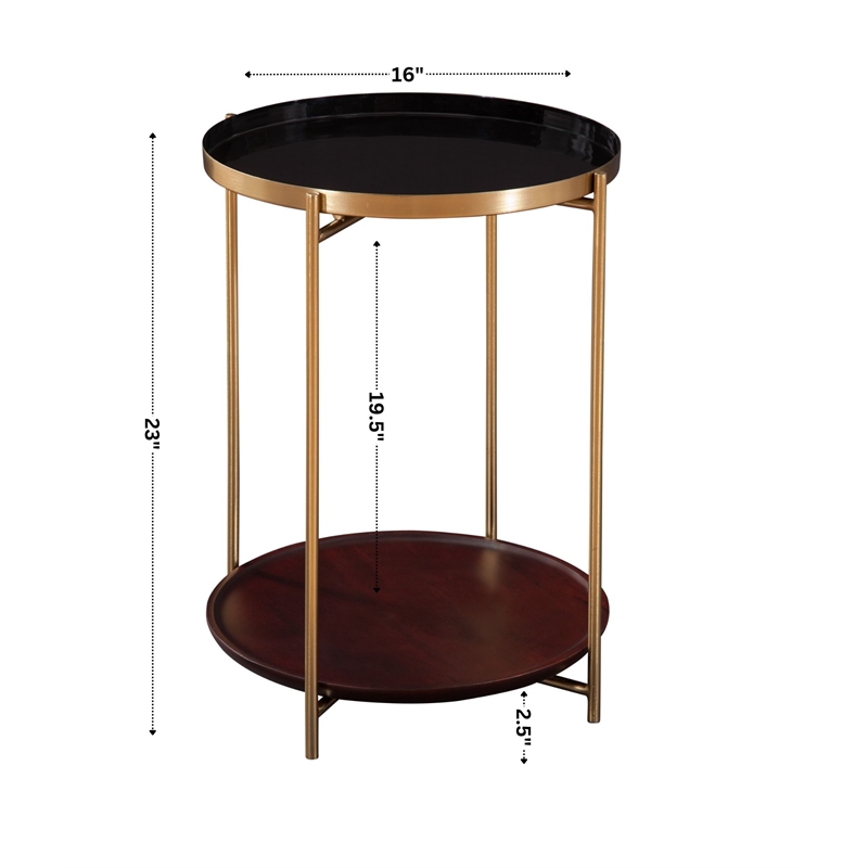Stevie Round Enameled Black Metal and Wood Tray Top End Table with Storage