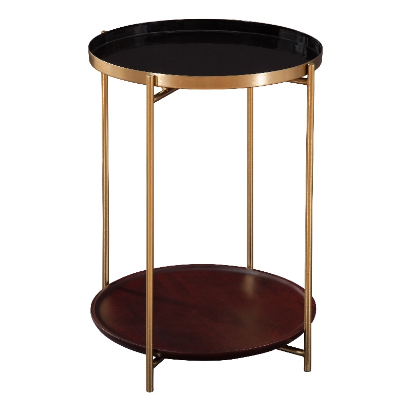 Stevie Round Enameled Black Metal and Wood Tray Top End Table with Storage