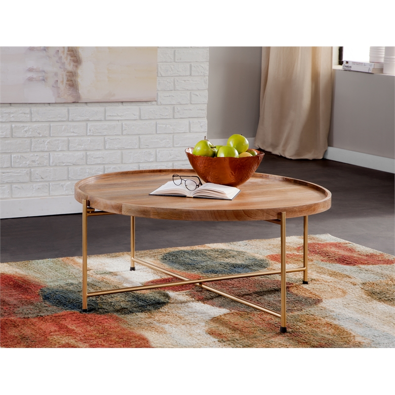 Hemingway Natural Solid Wood and Gold Metal Round Tray Top Coffee Table