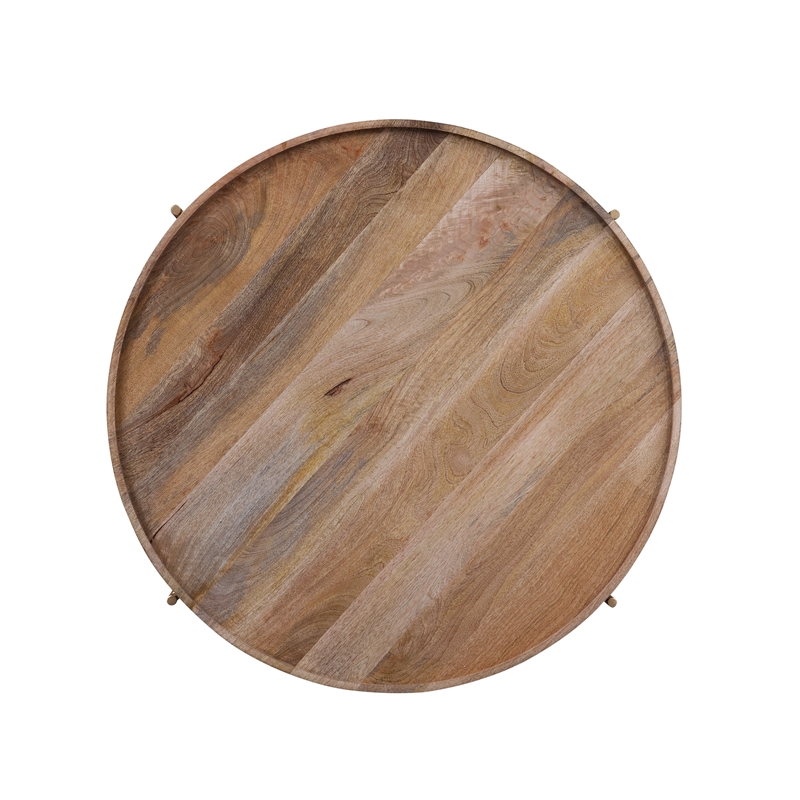 Hemingway Natural Solid Wood and Gold Metal Round Tray Top Coffee Table