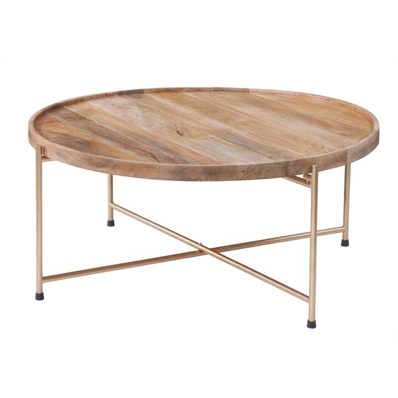Hemingway Natural Solid Wood and Gold Metal Round Tray Top Coffee Table