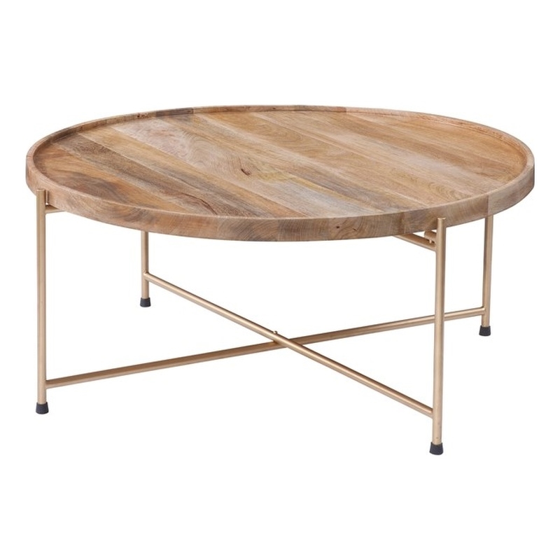 Hemingway Natural Solid Wood and Gold Metal Round Tray Top Coffee Table