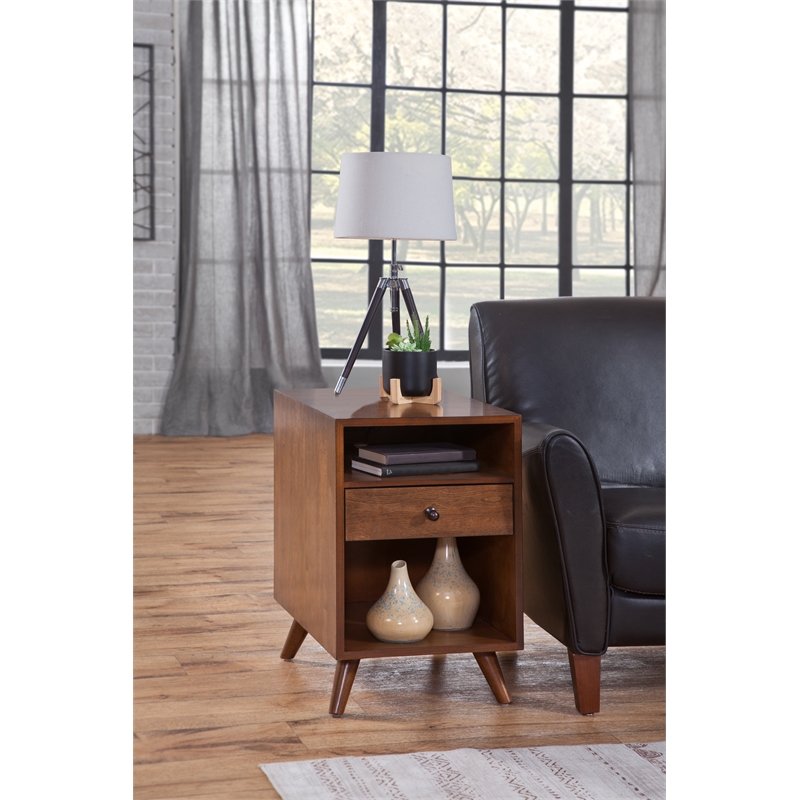 Cinnamon Brown Mid-Century Modern Wood Chairside End Table with Power