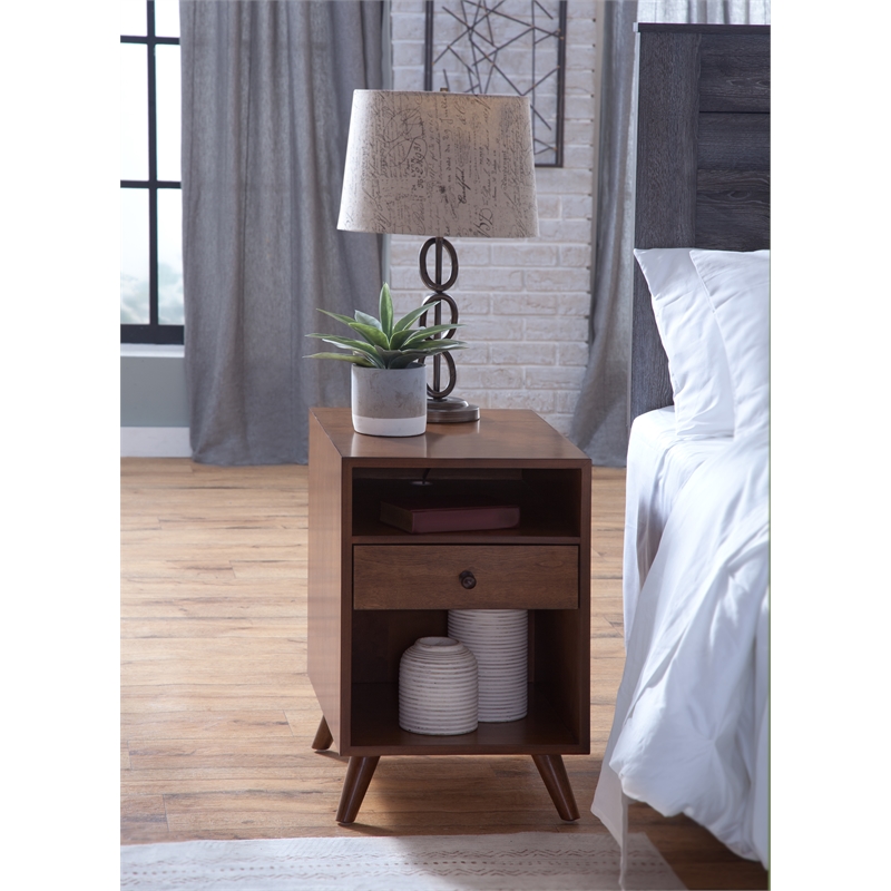 Cinnamon Brown Mid-Century Modern Wood Chairside End Table with Power