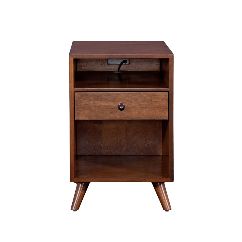 Cinnamon Brown Mid-Century Modern Wood Chairside End Table with Power