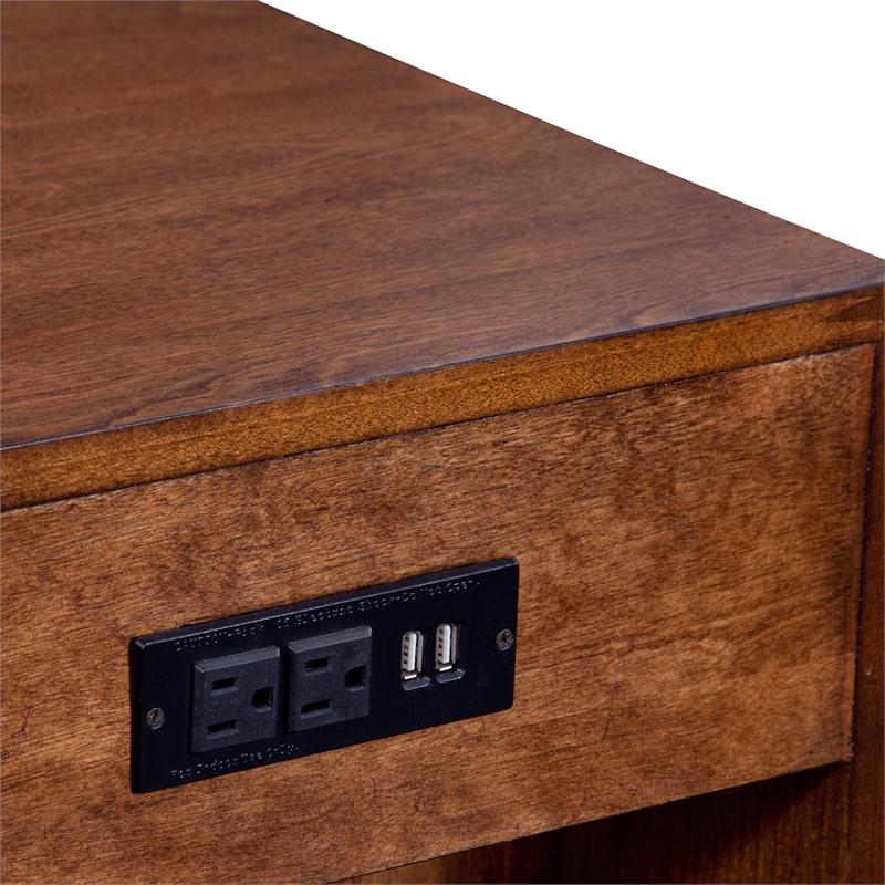 Cinnamon Brown Mid-Century Modern Wood Chairside End Table with Power