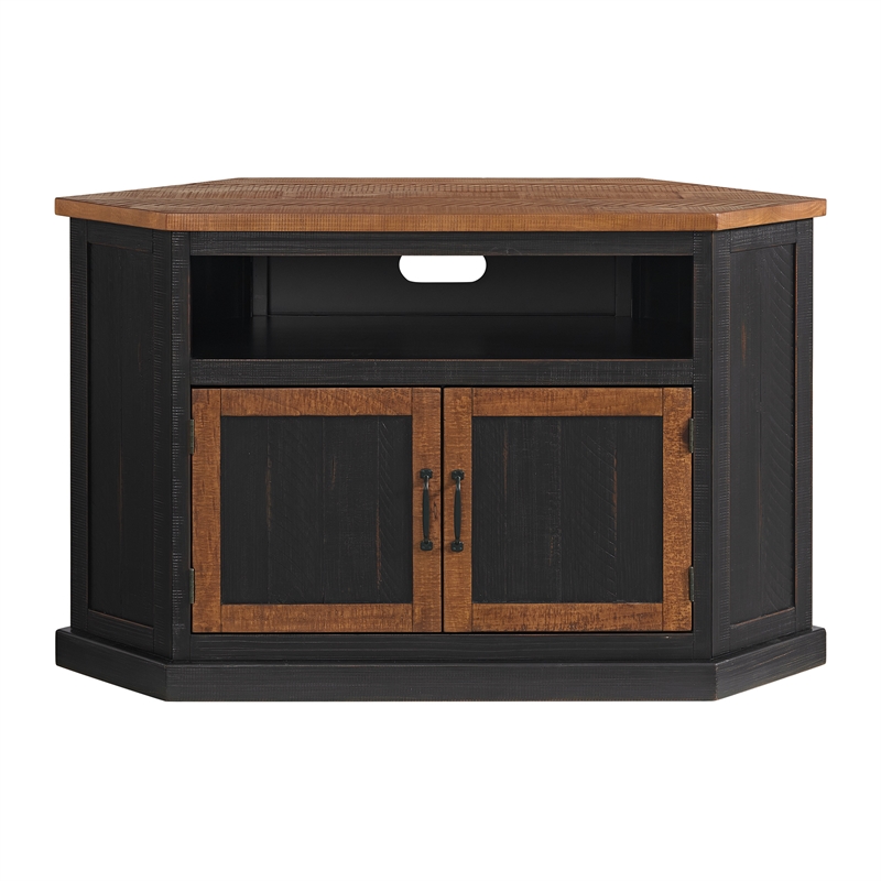 Rustic Black with Honey Top and Doors Corner TV Stand