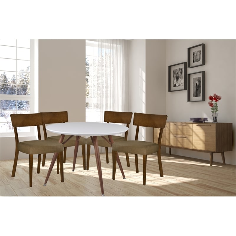 New Spec Round Dining Set White Glossy and Brown Set of 5