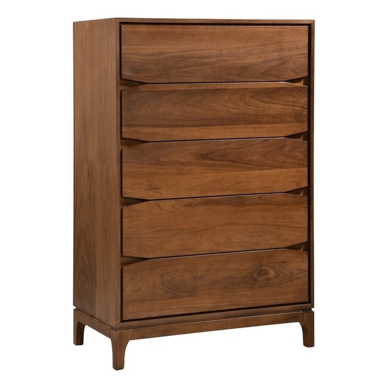 New Spec Monte Rosa Mid Century 5 Drawer Wood Chest in Walnut