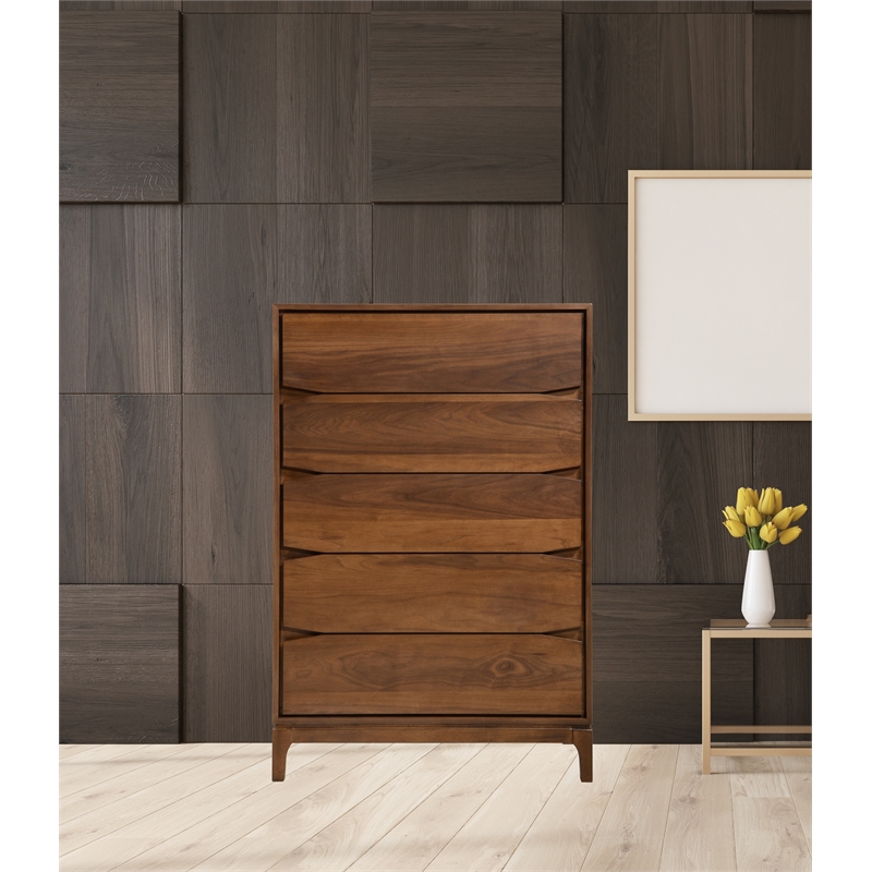 New Spec Monte Rosa Mid Century 5 Drawer Wood Chest in Walnut