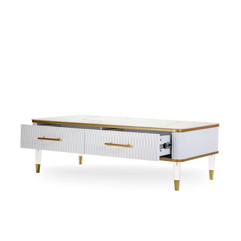 Modern White/Gold tone Sintered Matte Stone Top Coffee Table W/ Drawer
