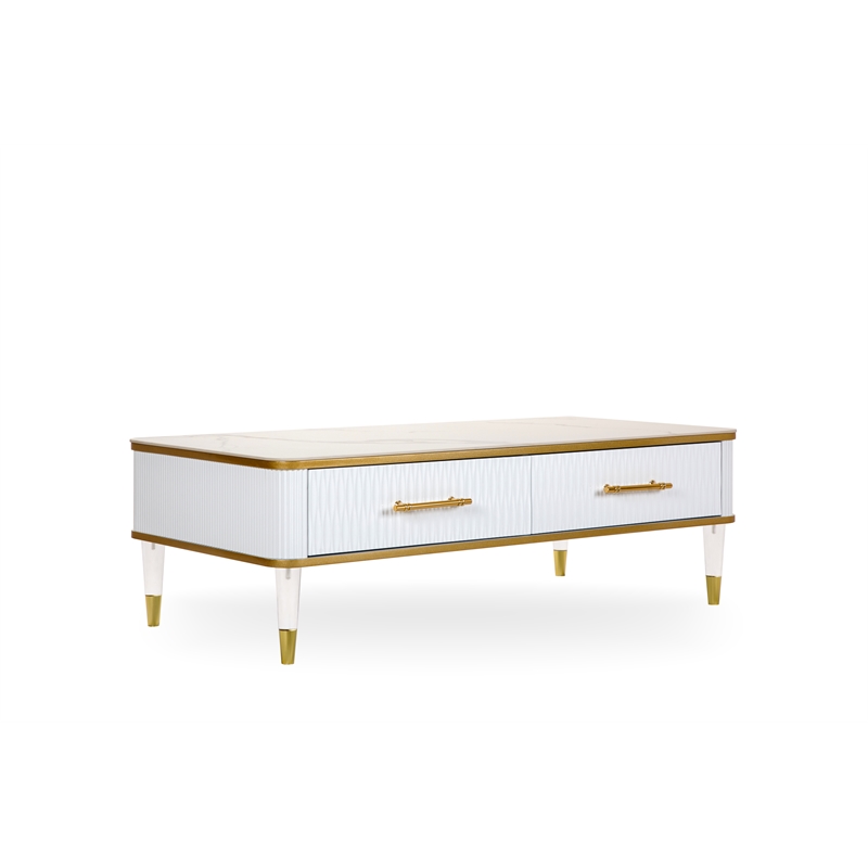 Modern White/Gold tone Sintered Matte Stone Top Coffee Table W/ Drawer