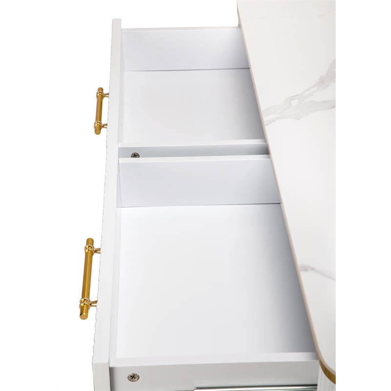 Modern White/Gold tone Sintered Matte Stone Top Coffee Table W/ Drawer