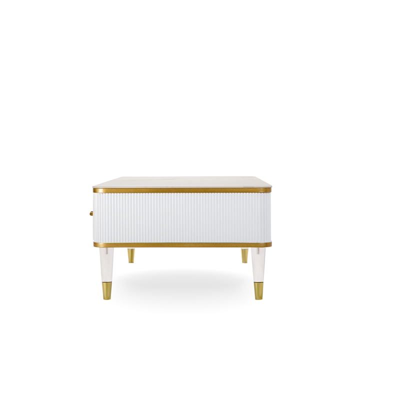 Modern White/Gold tone Sintered Matte Stone Top Coffee Table W/ Drawer