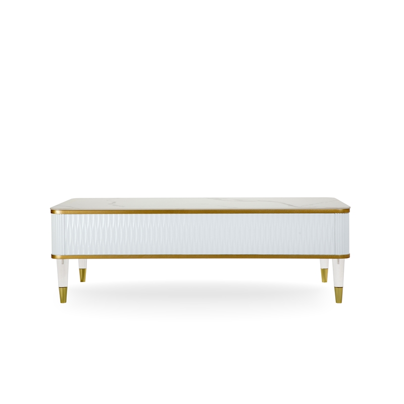 Modern White/Gold tone Sintered Matte Stone Top Coffee Table W/ Drawer