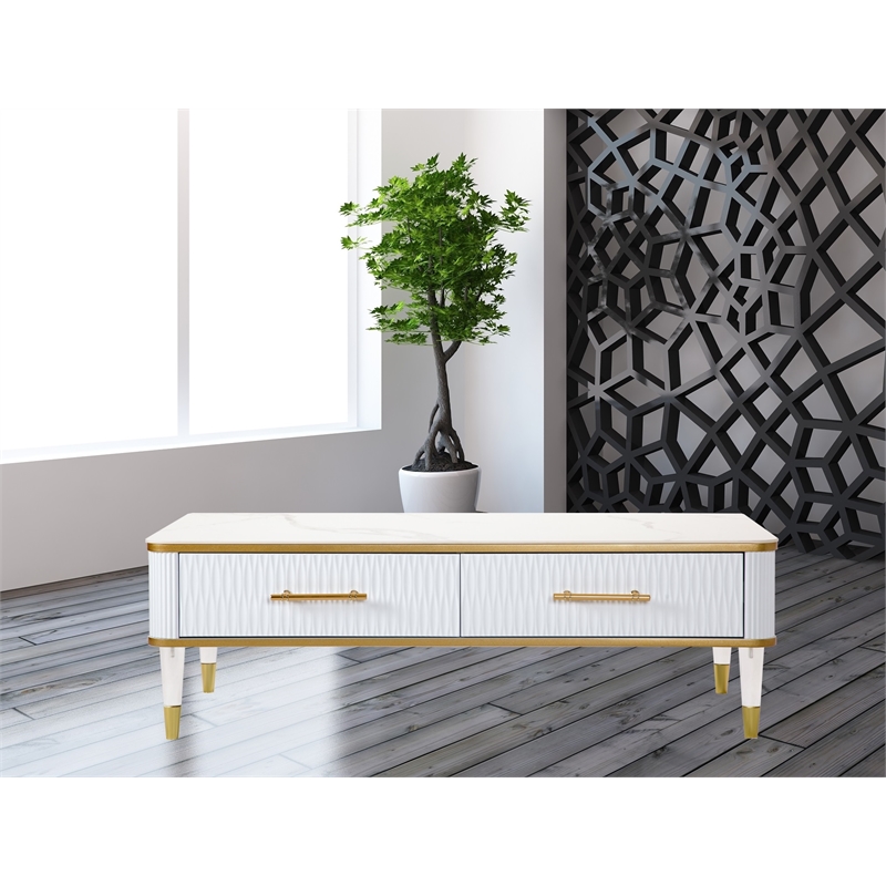 Modern White/Gold tone Sintered Matte Stone Top Coffee Table W/ Drawer