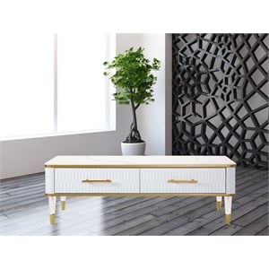 Modern White/Gold tone Sintered Matte Stone Top Coffee Table W/ Drawer