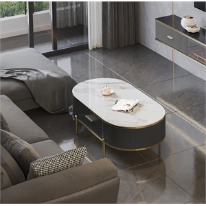 Modern Coffee Table White/Gray Sintered Stone Top & Gold With Drawer