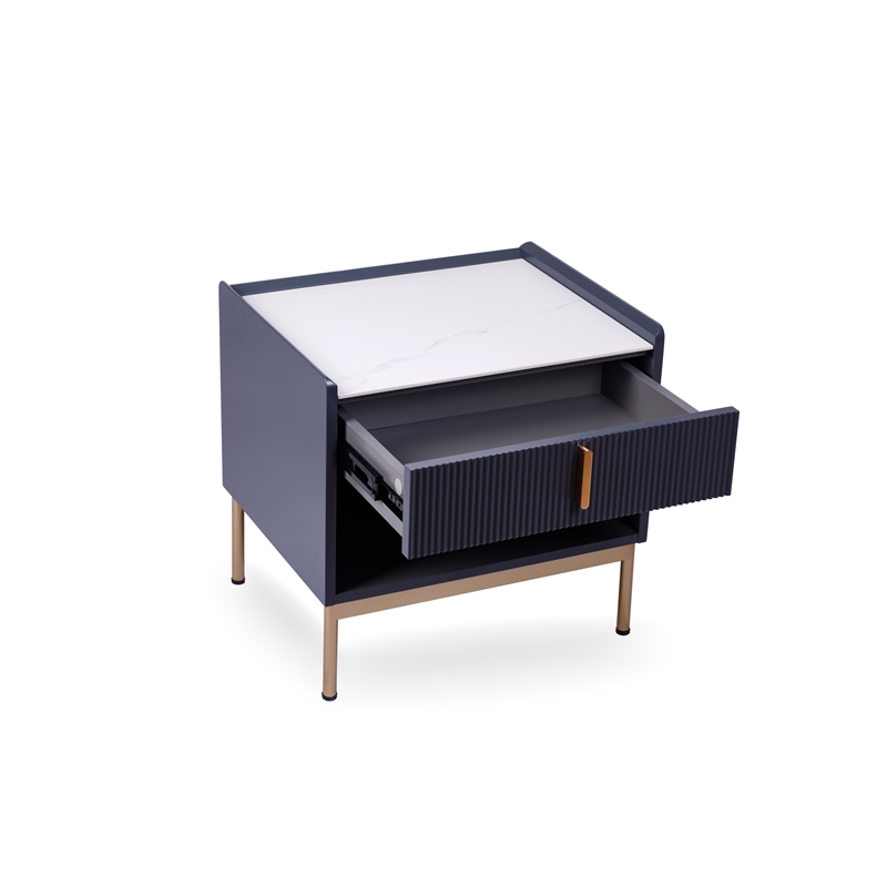 Modern White/Grey Night Stand Stone Tabletop & Gold Frame