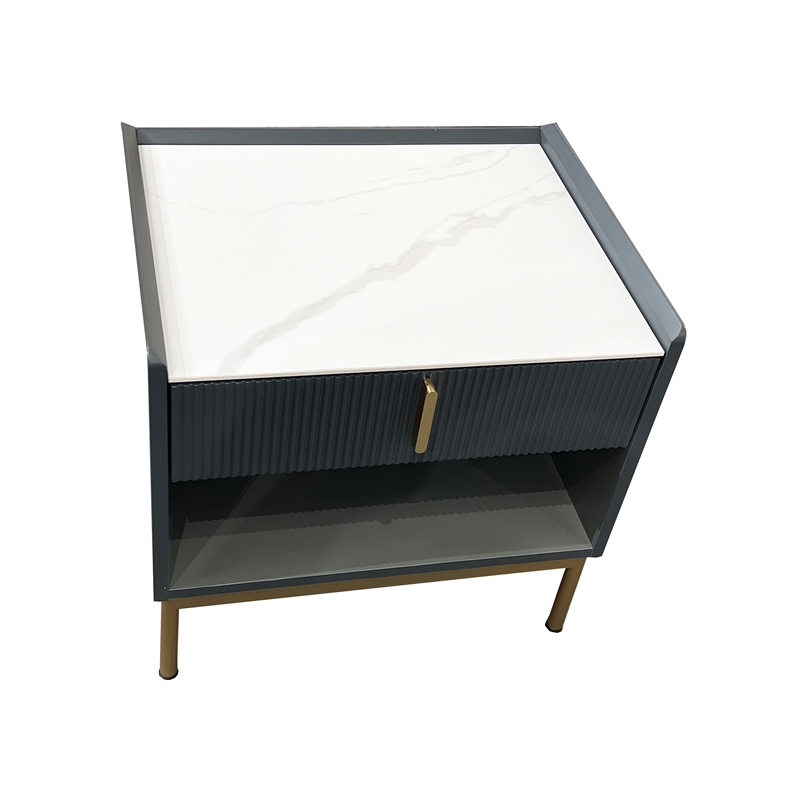 Modern White/Grey Night Stand Stone Tabletop & Gold Frame