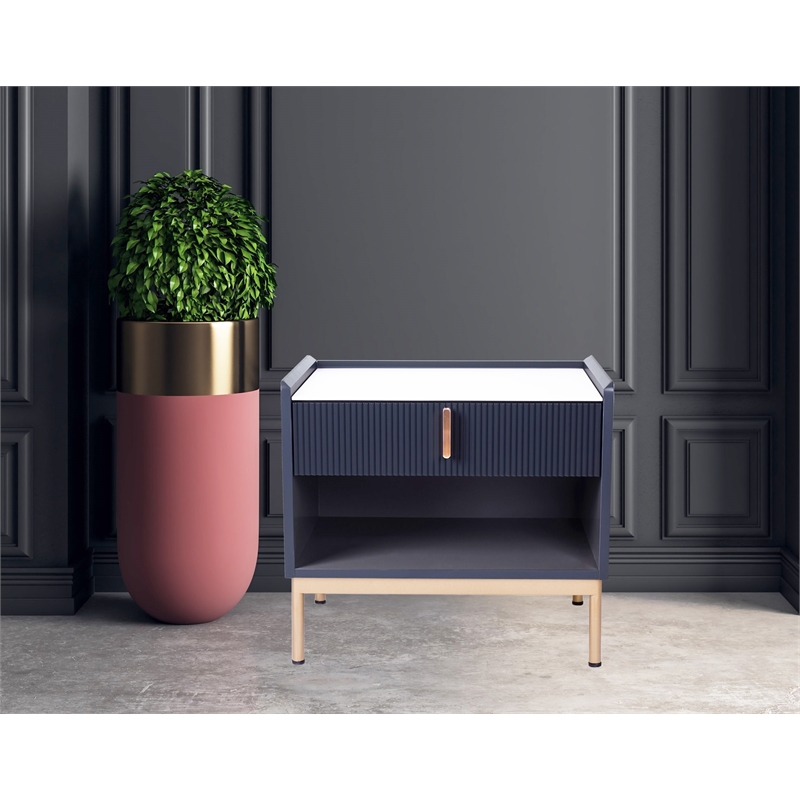 Modern White/Grey Night Stand Stone Tabletop & Gold Frame