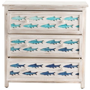 3 drawer white washed wood chest with gradient blue swimming fish