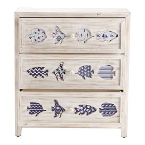 hatteras white wash 3 drawer laser cut wood with blue fish pattern