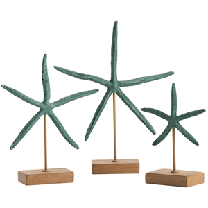 the set of 3 starfish statues in green resin