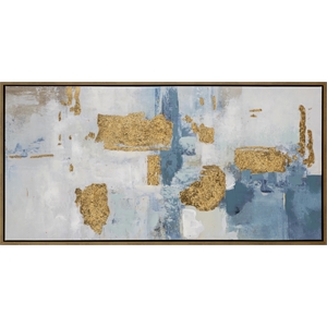 gold framed abstract painting with light blue and gold cotton canvas multi-color