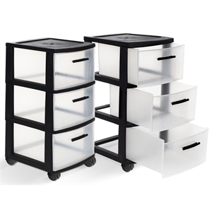 mq 3-drawer plastic rolling storage cart with casters in black (2 pack)