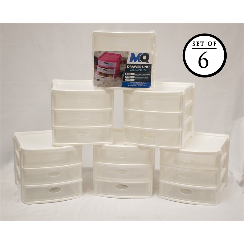 MQ 3Drawer Plastic Storage Unit in White with Clear Drawers (6 Pack
