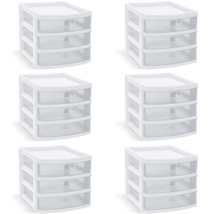 mq 3-drawer plastic storage unit in white with clear drawers (6 pack)