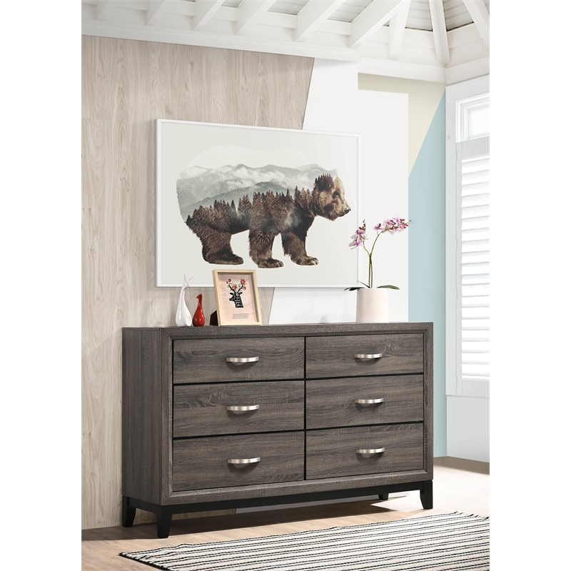 Stonecroft Furniture Sunset Avenue 6 Drawer Double Dresser in Gray Oak and Black
