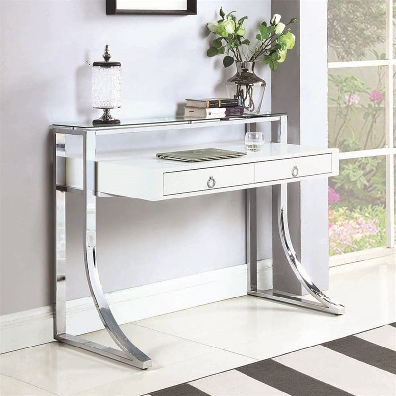 Stonecroft Furniture Fir Lane 2 Drawer Writing Desk in Glossy White and Chrome