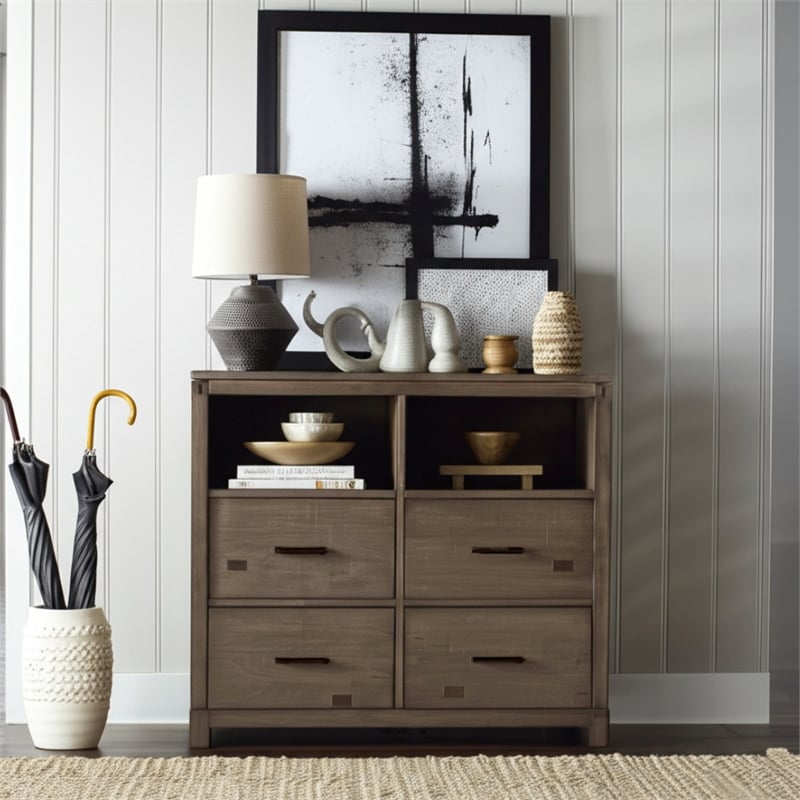 Alpine Furniture Sydney 4 Drawer Wood Bedroom Media Chest in Weathered Gray