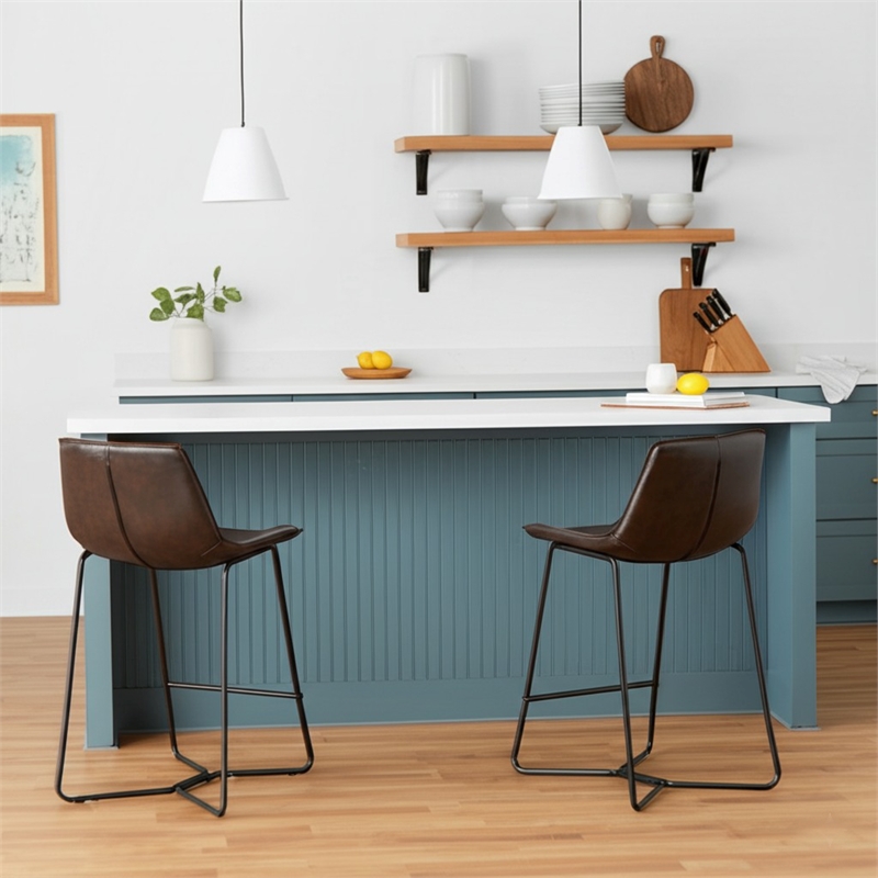 Alpine Furniture Live Edge Set of 2 Dining Metal Leg Pub Chairs in Dark Brown