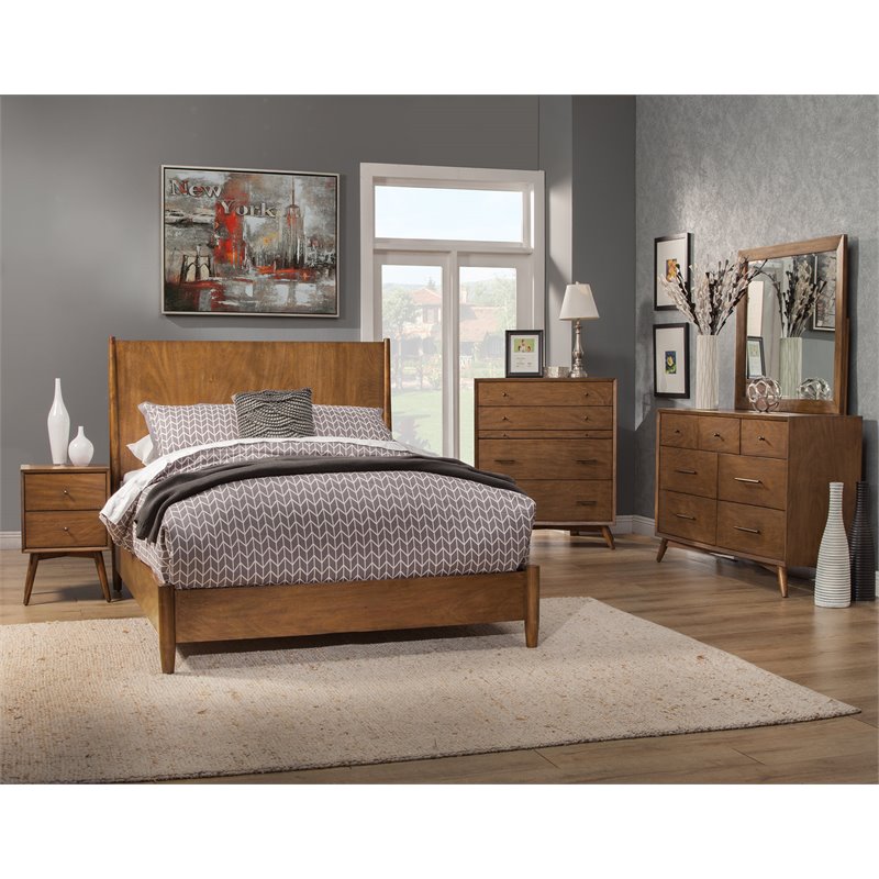 Alpine Furniture Flynn Mid Century Modern Full Size Panel Bed in Acorn Brown