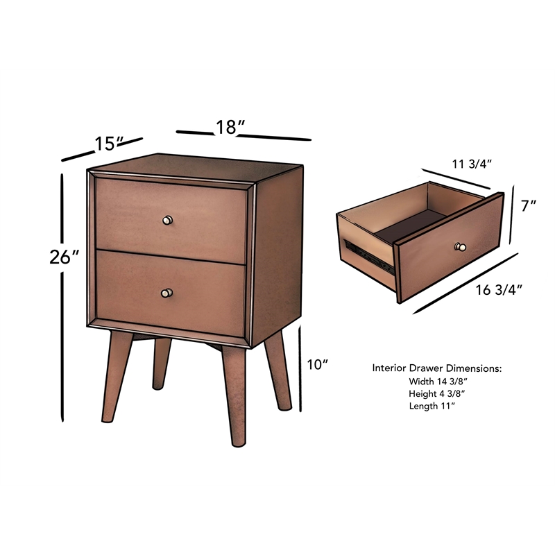 Alpine Furniture Flynn Mid Century 2 Drawer Wood Nightstand in Chestnut