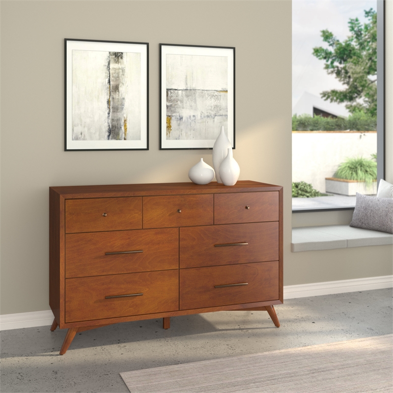 Alpine Furniture Flynn Mid Century Modern Wood 7 Drawer Dresser in Acorn (Brown)