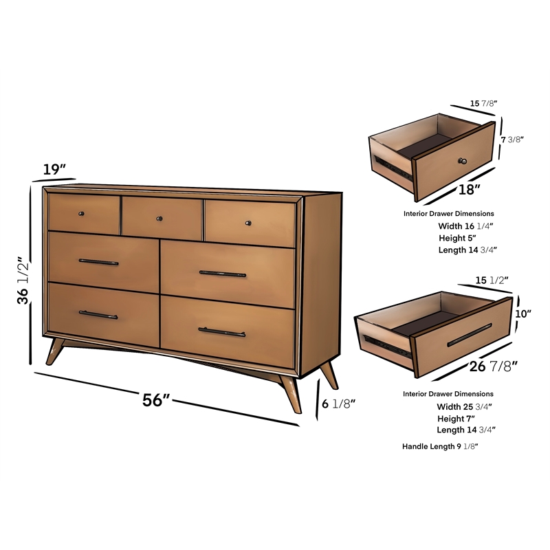 Alpine Furniture Flynn Mid Century Modern Wood 7 Drawer Dresser in Acorn (Brown)