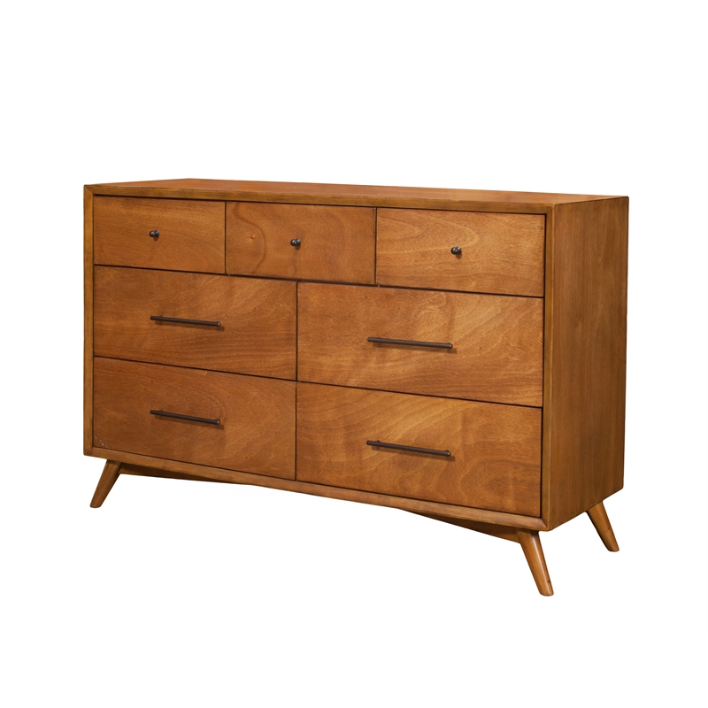 Alpine Furniture Flynn Mid Century Modern Wood 7 Drawer Dresser in Acorn (Brown)