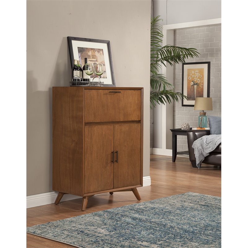 Alpine Furniture Flynn Large Wood Bar Cabinet with Drop Down Tray in Acorn Brown