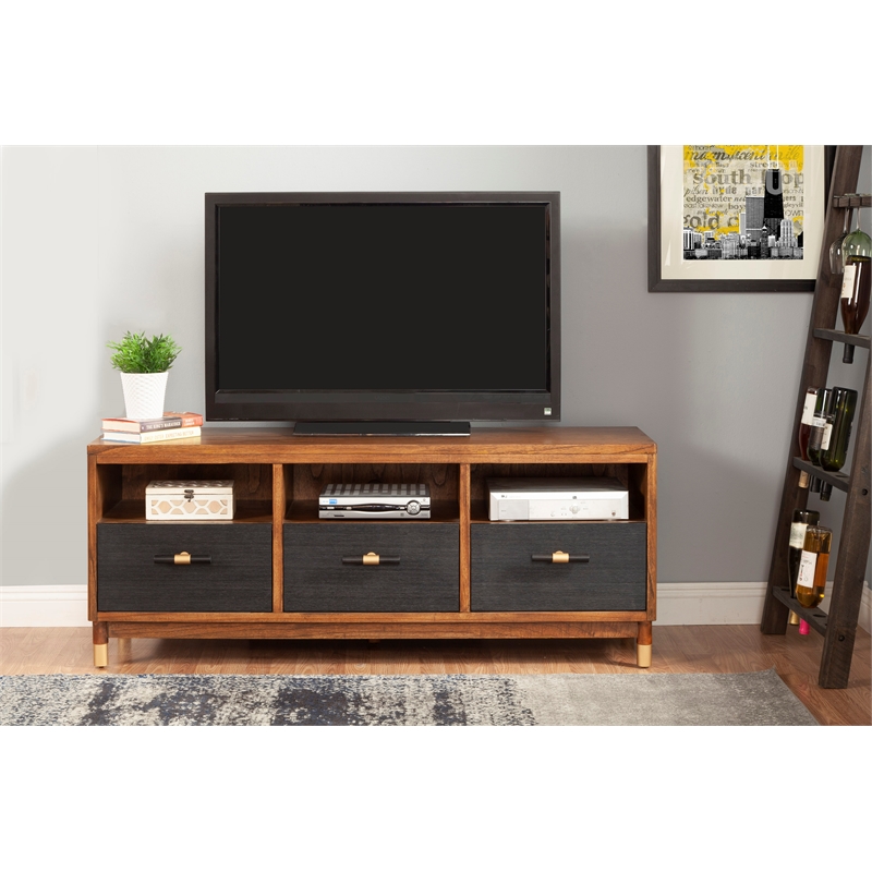 Alpine Furniture Belham 3 Drawer Wood TV Console in Dark Walnut (Brown) & Black