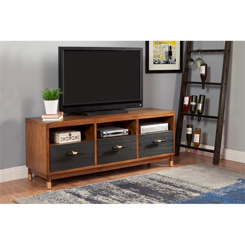 Alpine Furniture Belham 3 Drawer Wood TV Console in Dark Walnut (Brown) & Black