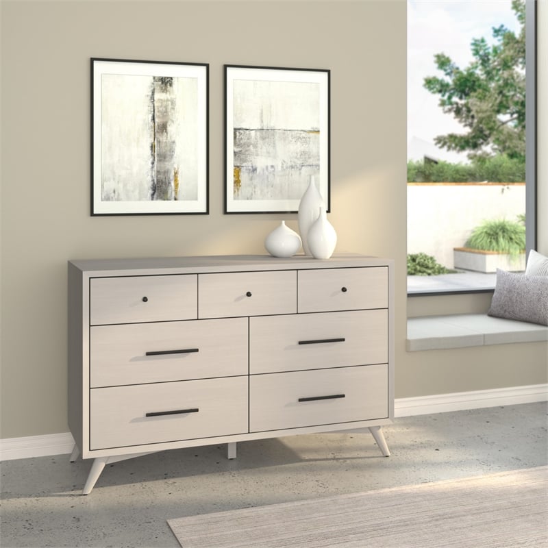 Alpine Furniture Flynn Mid Century Modern Wood 7 Drawer Dresser in Gray