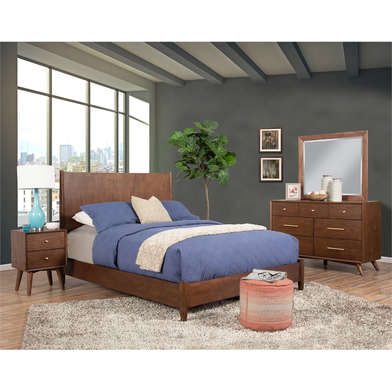 Alpine Furniture Flynn Mid Century Wood Full Size Panel Bed in Walnut (Brown)