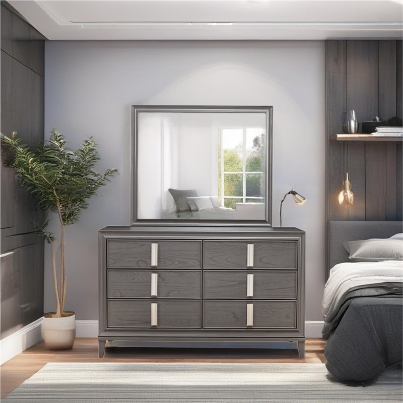 Alpine Furniture Lorraine Wood 6 Drawer Dresser in Dark Gray