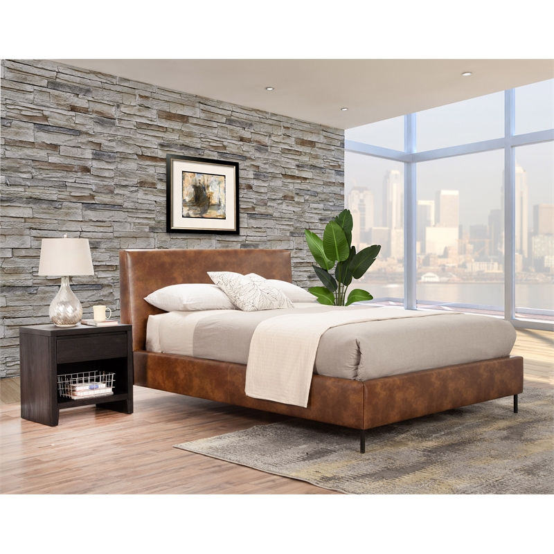 Sophia Standard King Faux Leather Upholstered Platform Bed in Brown