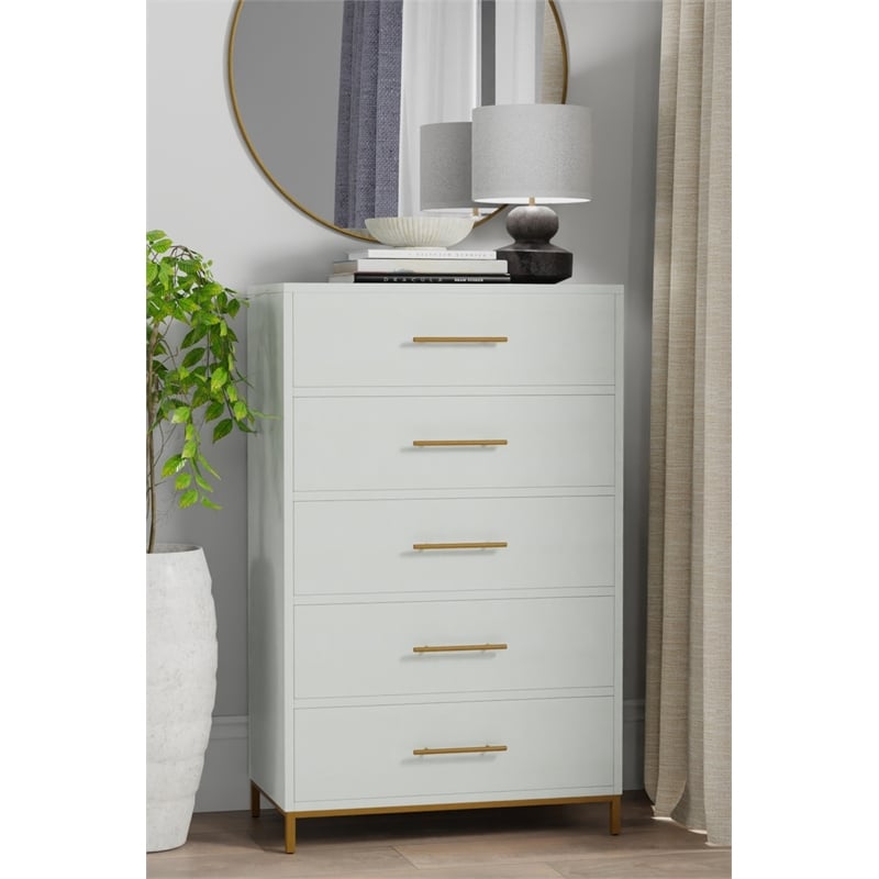 Alpine Furniture Madelyn Five Drawer Wood Chest in White